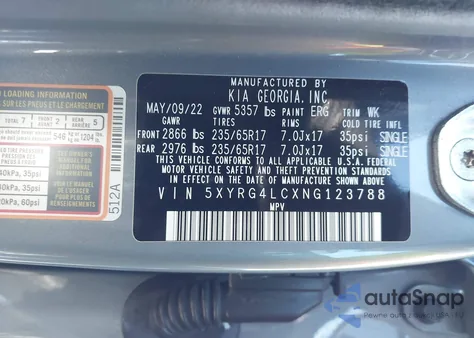 2022 Kia Sorento Lx z USA, uszkodzony, nr VIN 5XYRG4LCXNG123788